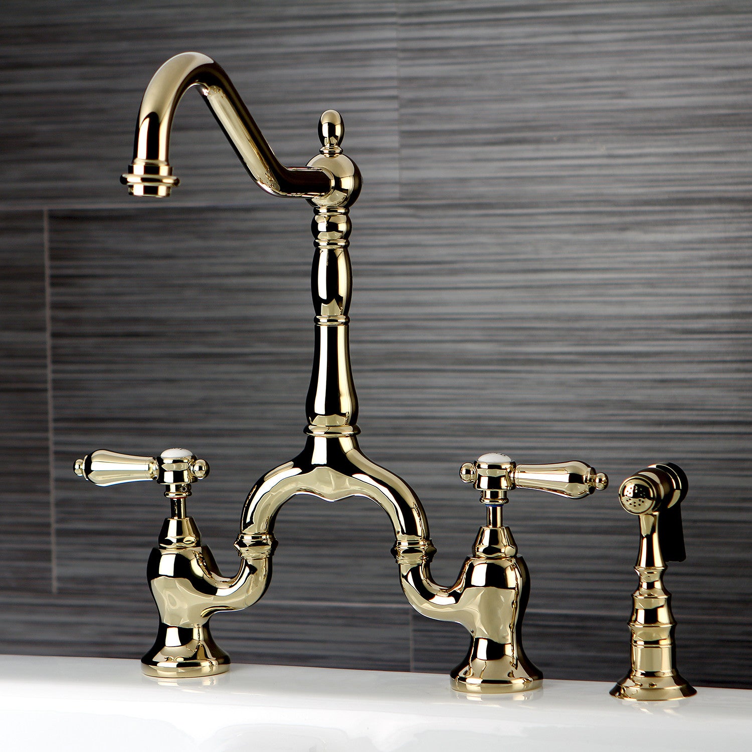 Kingston Heirloom KS7752BALBS - Heirloom Two-Handle 3-Hole Deck Mount Bridge Kitchen Faucet with Brass Sprayer, Polished Brass — thumbnail 2